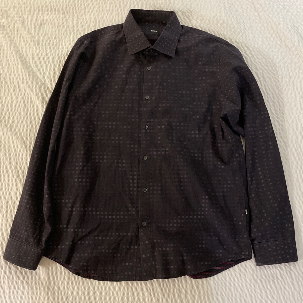 BOSS HUGO BOSS Woven Square Dot Spread Collar Sport‎ Shirt in Black & Wine XL